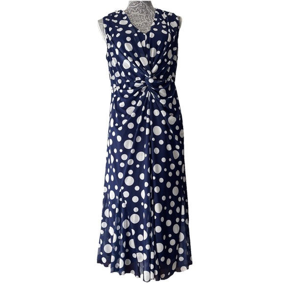 Isaac Mizrahi Twist Front Mesh Midi Dress Navy White Godet Bottom Raw Hem MP - Picture 1 of 13